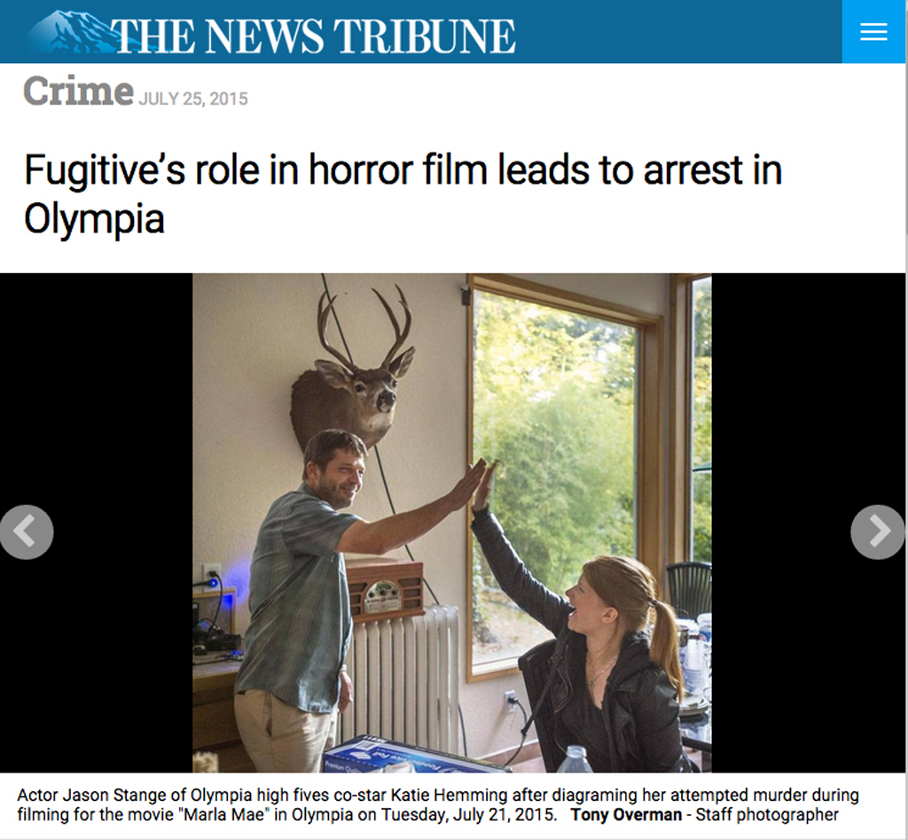 Screen grab from online edition of The News Tribune, of Tacoma, Washington. The article explains how a story in another local paper, The Olympian, led to the arrest of convicted bank robber Jason Stange, who had been a fugitive ever since breaking his parole conditions one year ago.
