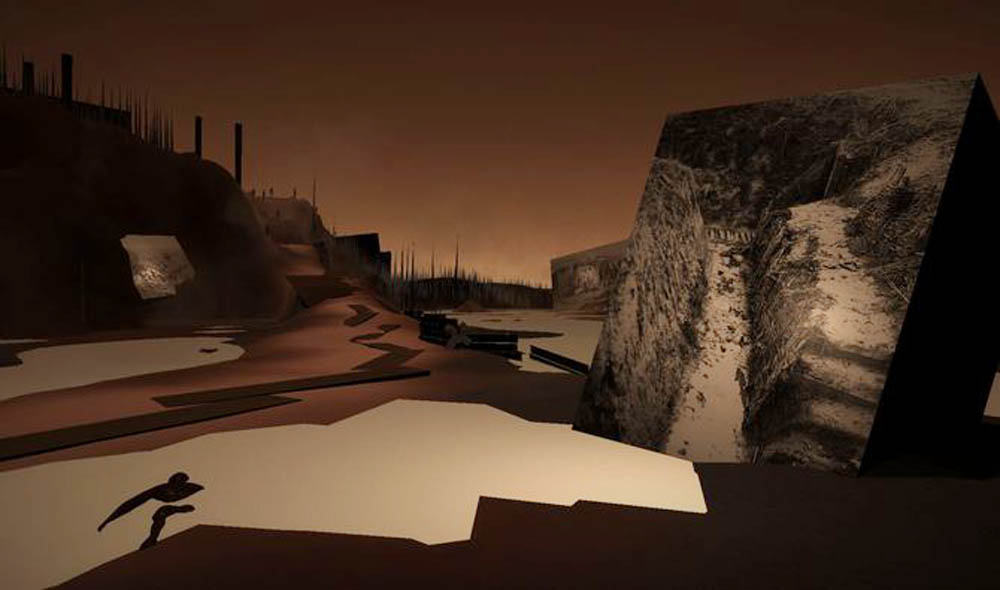 This barren battlefield is seen in the virtual-reality component of The Unknown Photographer.