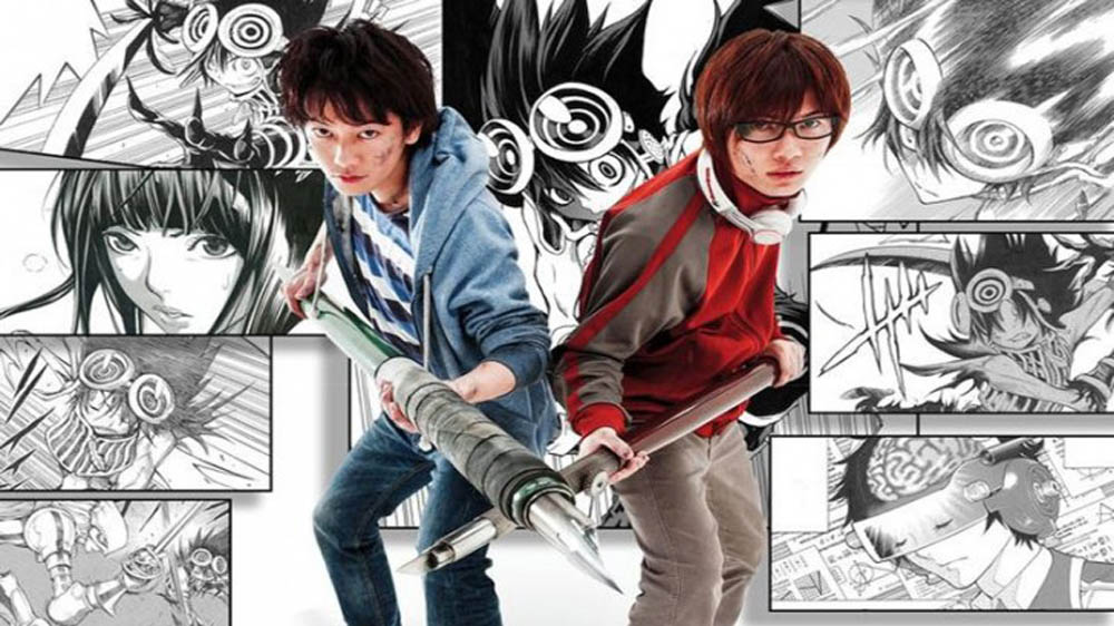 Moritaka (Takeru Satoh) and Akito (Ryunosuke Kamiki) wield their drawing instruments like weapons in Bakuman, a film about the world of manga.