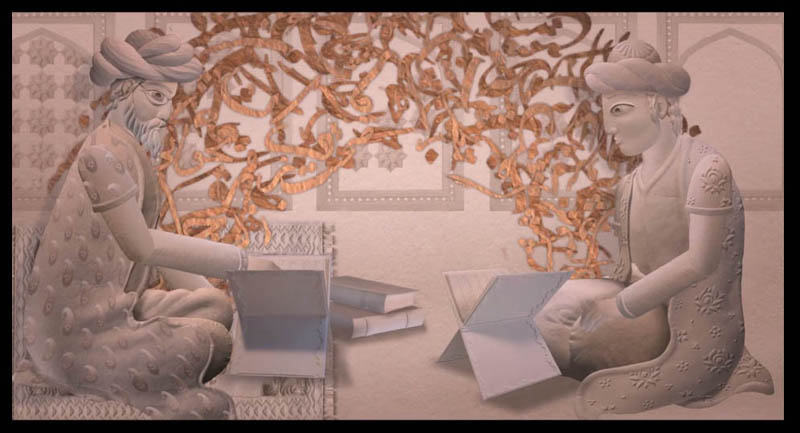 The Iranian poet Hafiz, right, listens to his father recite poetry in a scene from Ann Marie Fleming's animated film Window Horses: The Poetic Persian Epiphany of Rosie Ming. Bahram Javaheri, a Vancouver-based Iranian filmmaker, made the paper cutouts and Michael Mann assembled and animated them using After Effects software.