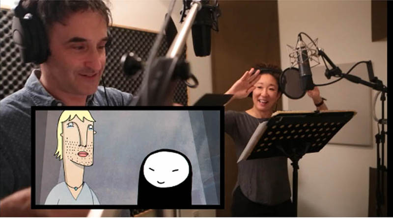 Don McKellar and Sandra Oh enjoy themselves recording the voices of Dietmar and Rosie, for the film Window Horses: The Poetic Persian Epiphany of Rosie Ming.